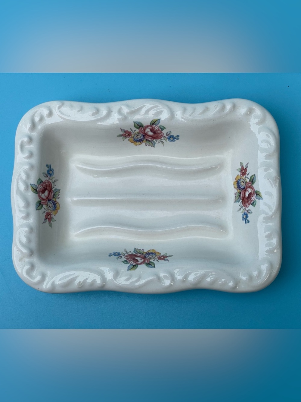 Vintage Athena Soap Dish White Ceramic Floral Pink Yellow Made USA Cottagecore